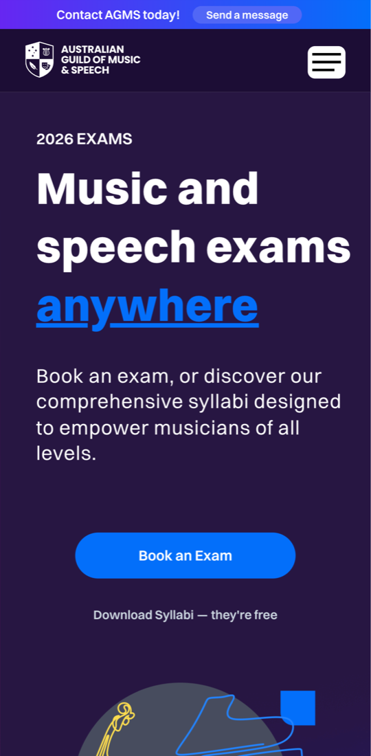 Mobile screenshot of the live AGMS homepage