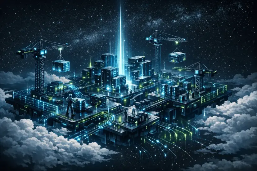 A futuristic digital construction site floating in the clouds