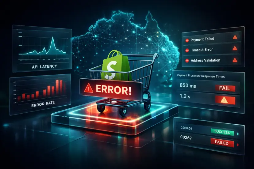 Technical ecommerce diagnostics view showing Shopify checkout analysis, payment failures, and performance traces