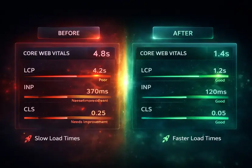 Illustration representing website speed and SEO fixes for WordPress and small business websites