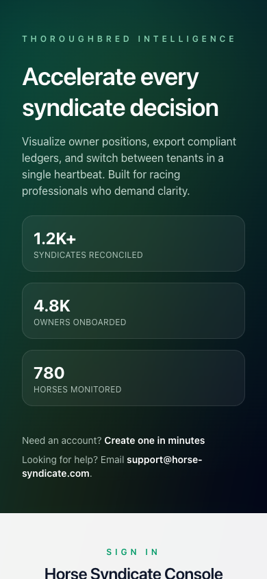 Mobile screenshot of the Horse Racing Syndicate authenticated portal login interface