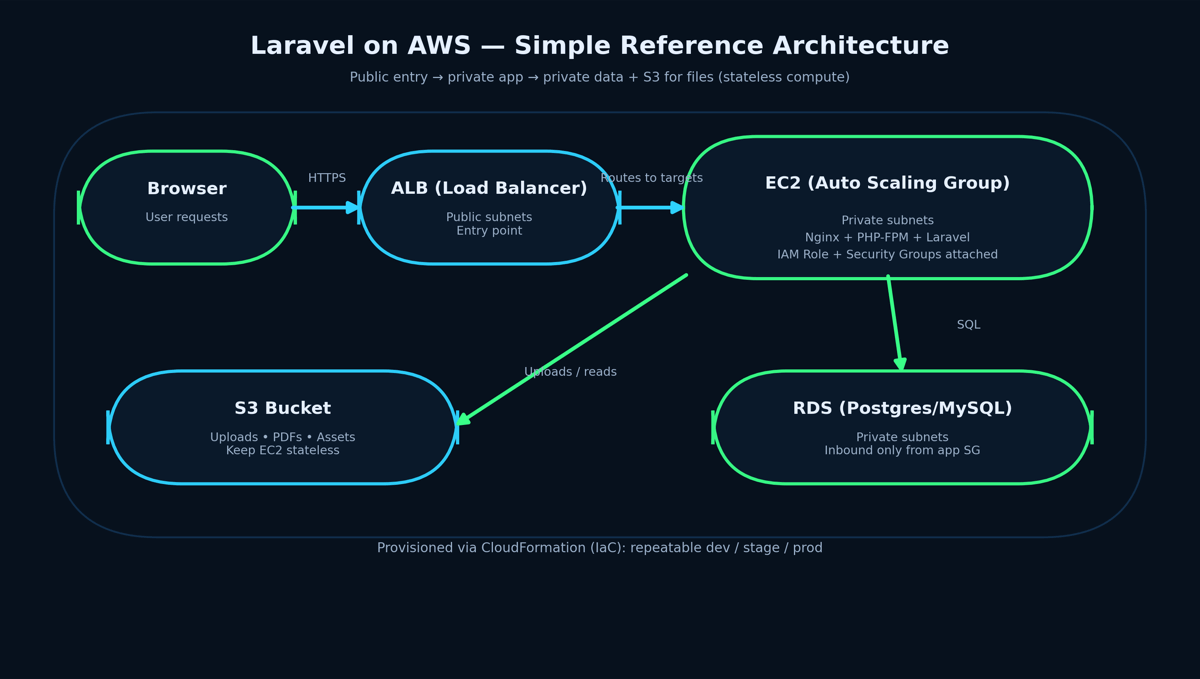 Reference architecture: Browser to Load Balancer (public) to EC2 Laravel app (private) to RDS (private), with S3 for uploads and IAM role permissions