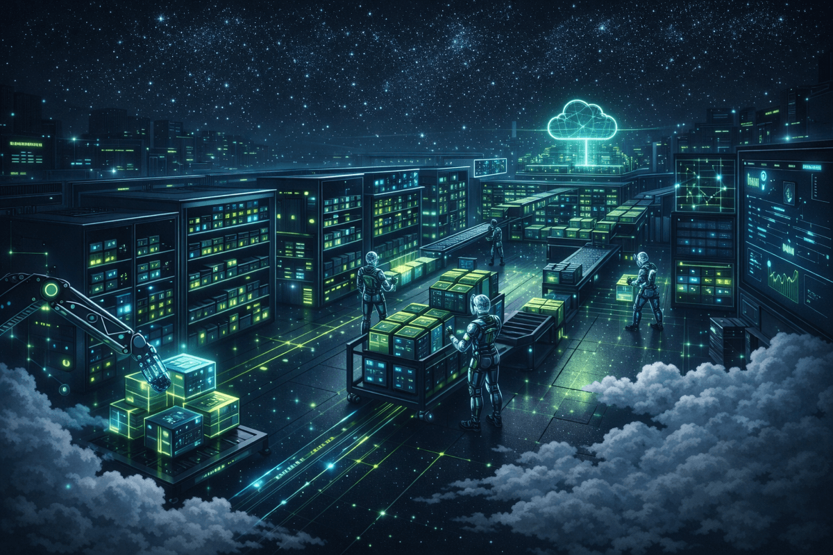 A futuristic storage depot representing Amazon S3