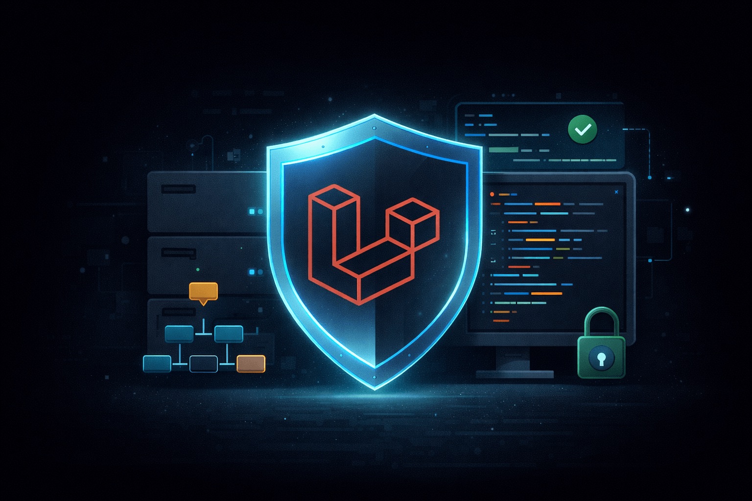 Illustration representing defensive Laravel practices with code, workflows, and application safety concepts